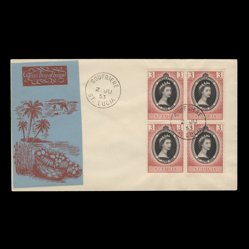 Saint Lucia 1953 (FDC) 3c Coronation block, SOUFRIERE