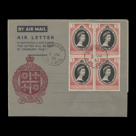 Saint Lucia 1953 (FDA) 3c Coronation block, SOUFRIERE