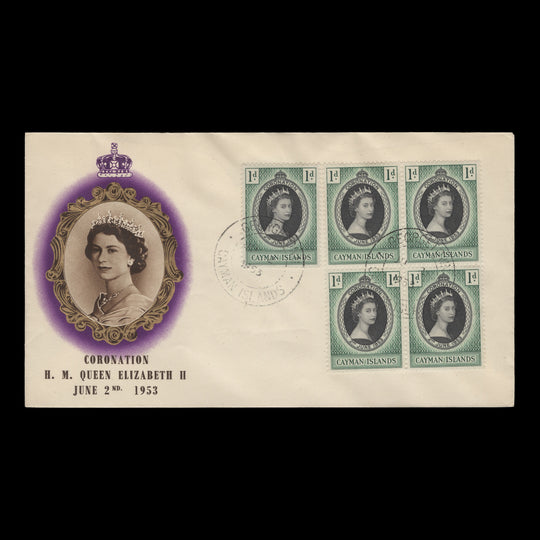Cayman Islands 1953 (FDC) 1d Coronation block and single, GEORGETOWN