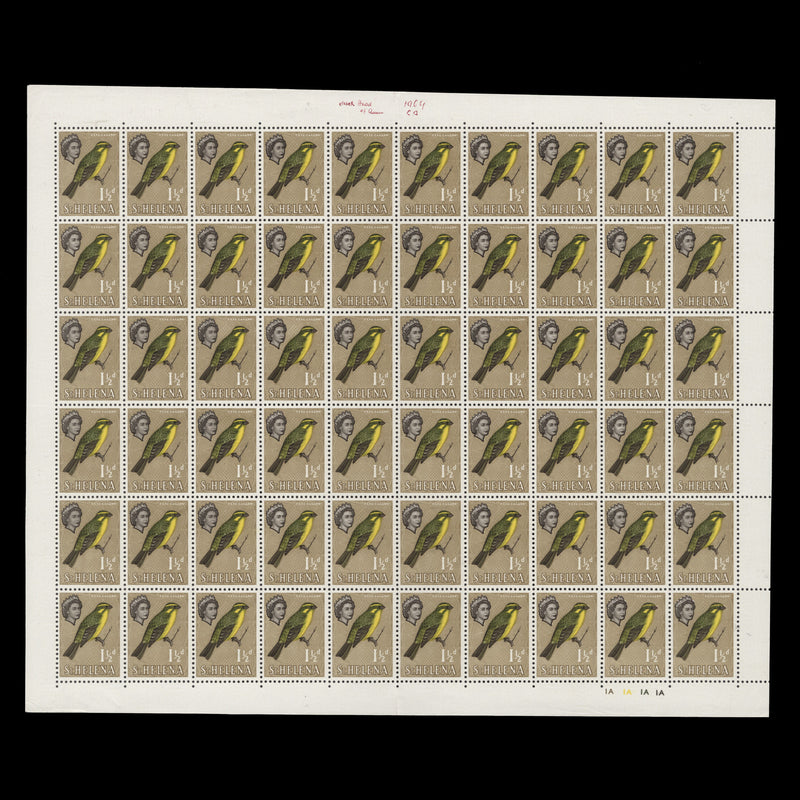 Saint Helena 1961 (MNH) 1½d Yellow Canary sheet of 60 stamps