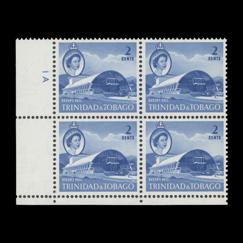 Trinidad & Tobago 1960 (MNH) 2c Queen's Hall plate 1A block, bright blue