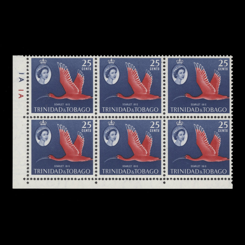 Trinidad & Tobago 1960 (MNH) 25c Scarlet Ibis plate 1A–1A block