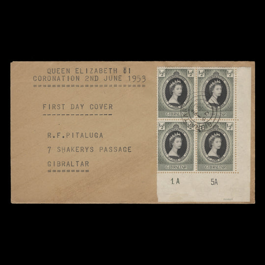 Gibraltar 1953 (FDC) ½d Coronation plate 1A–5A block