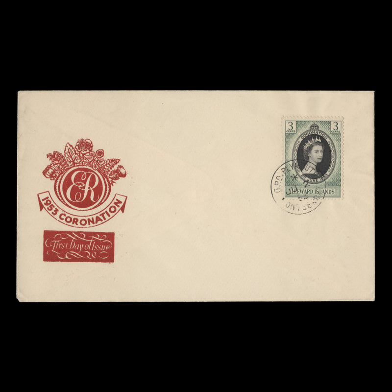 Leeward Islands 1953 (FDC) 3c Coronation, PLYMOUTH