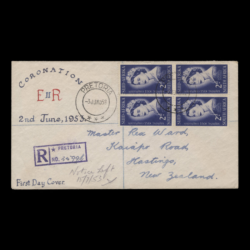 South Africa 1953 (FDC) 2d Coronation block, PRETORIA