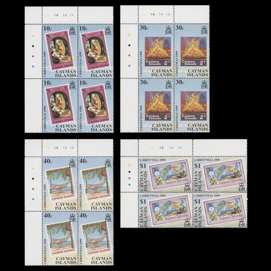 Cayman Islands 1999 (MNH) Christmas plate 1A–1A–1A–1A blocks