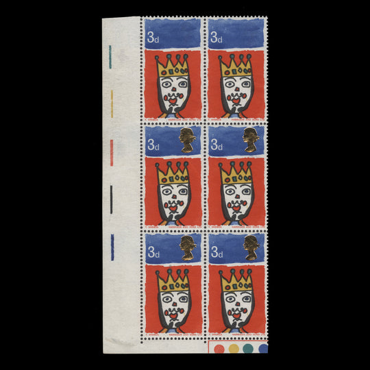 Great Britain 1966 (Variety) 3d Christmas ordinary block missing gold from two stamps