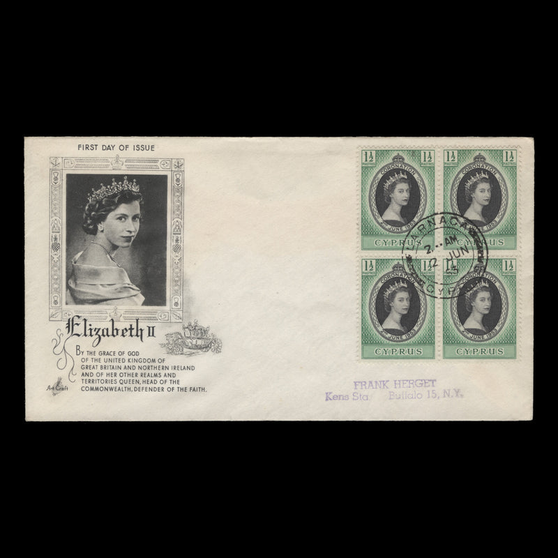 Cyprus 1953 (FDC) 1½p Coronation block, LARNACA