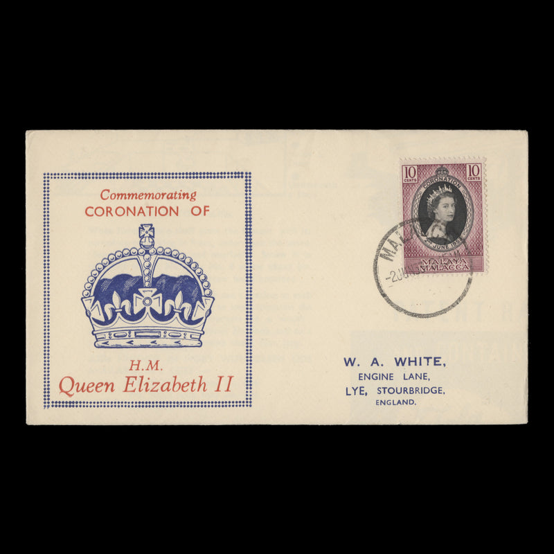 Malacca 1953 (FDC) 10c Coronation, MALACCA