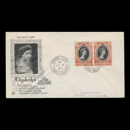 Turks & Caicos Islands 1953 (FDC) 2d Coronation pair, GRAND TURK