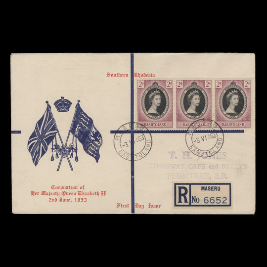 Basutoland 1953 (FDC) 2d Coronation strip, MASERU