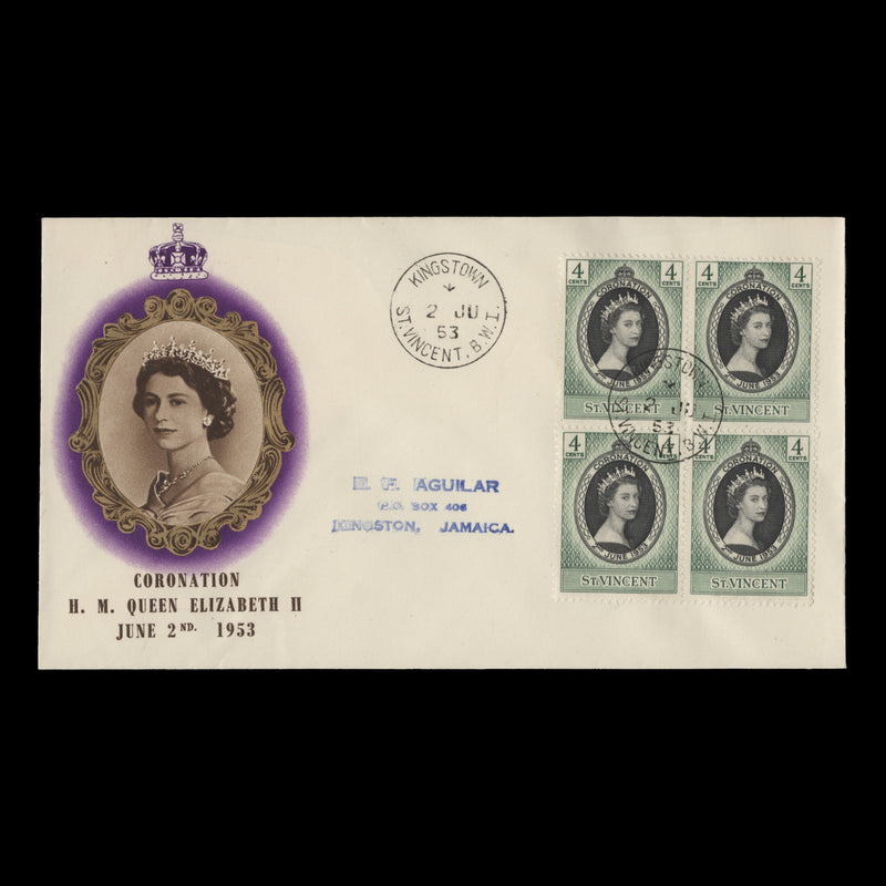 Saint Vincent 1953 (FDC) 4c Coronation block, KINGSTOWN