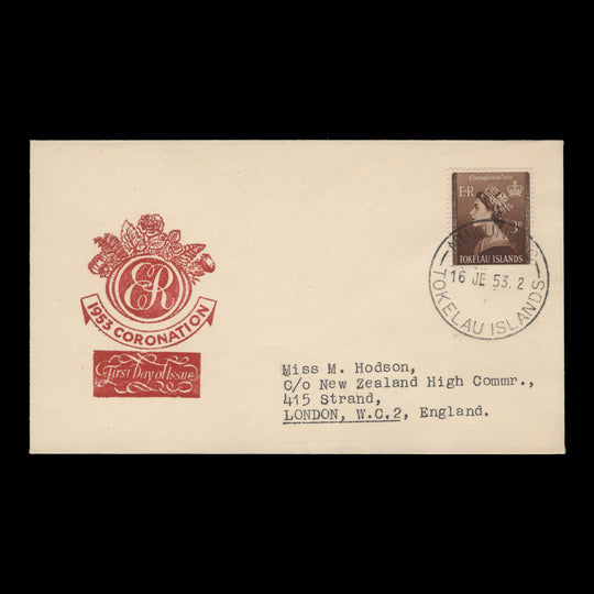 Tokelau 1953 (FDC) 3d Coronation, NUKUNONO