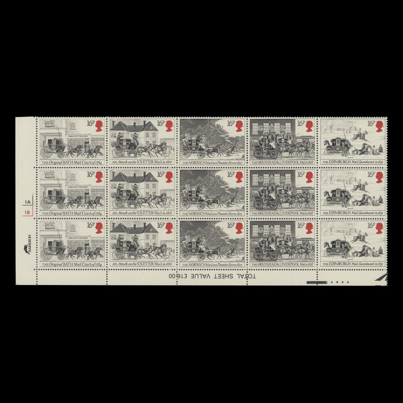 Great Britain 1984 (MNH) First Mail Coach Run cylinder 1A–1B block, four guide dots