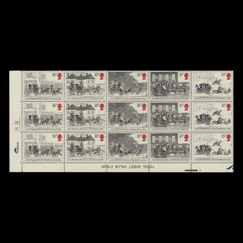 Great Britain 1984 (MNH) First Mail Coach Run cylinder 1A–1B block, one guide dot