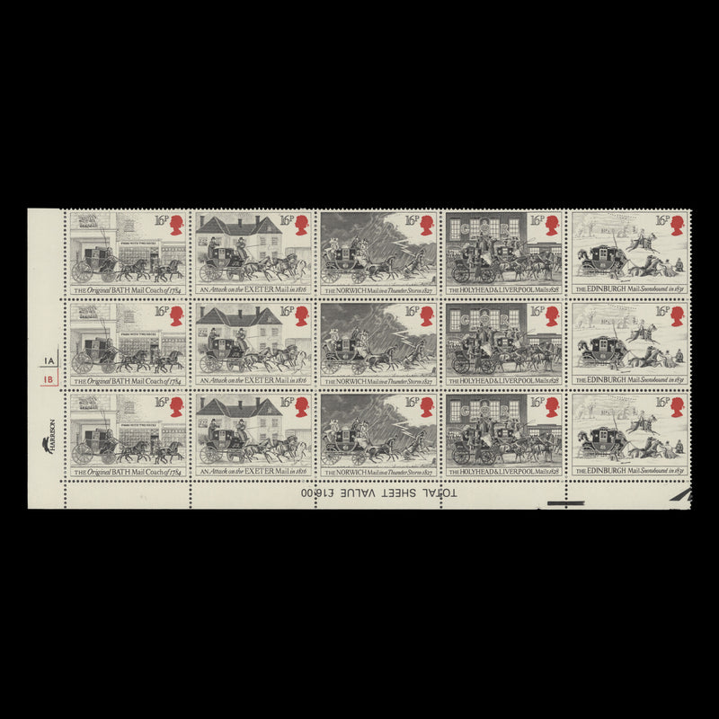 Great Britain 1984 (MNH) First Mail Coach Run cylinder 1A–1B block, no guide dots