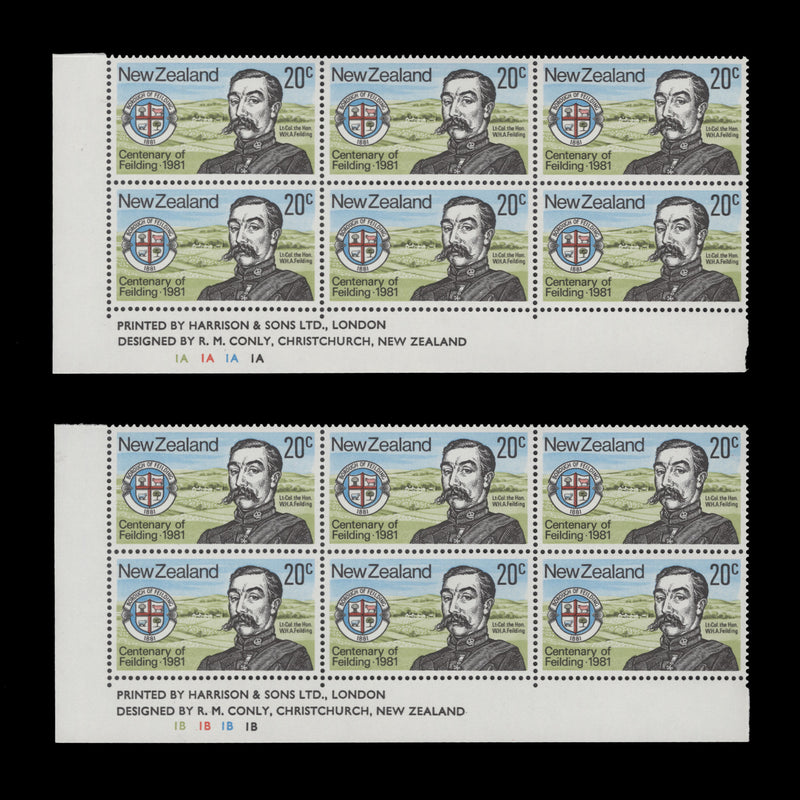 New Zealand 1981 (MNH) 20c Feilding Centenary imprint/plate blocks