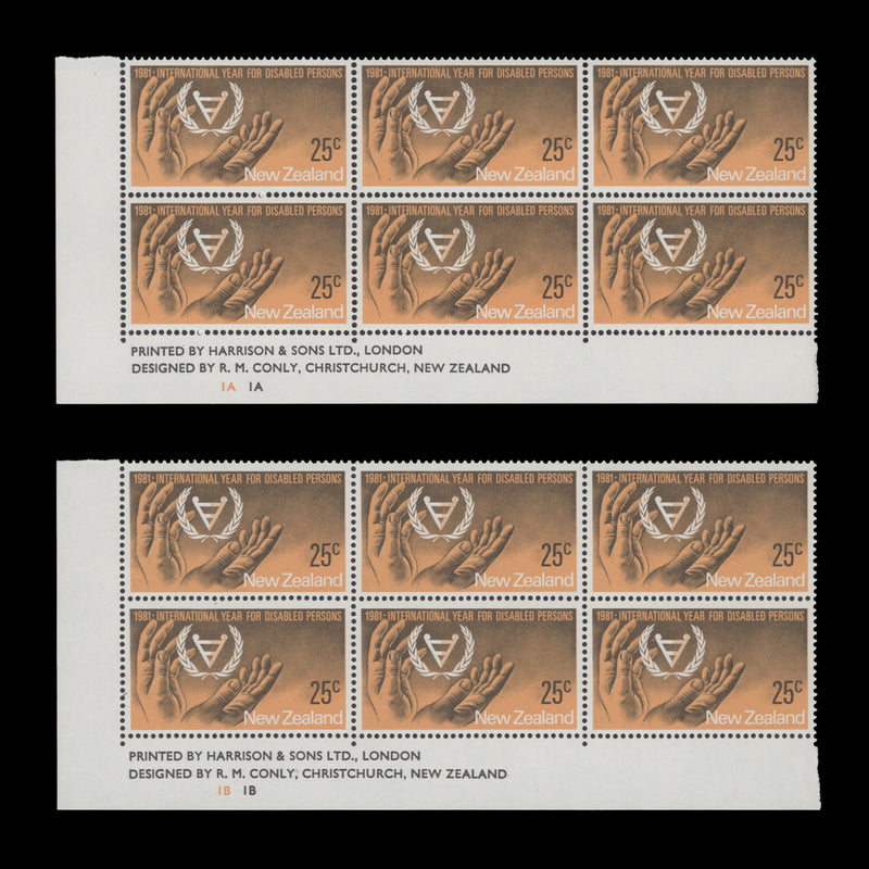 New Zealand 1981 (MNH) 25c Year of the Disabled imprint/plate blocks
