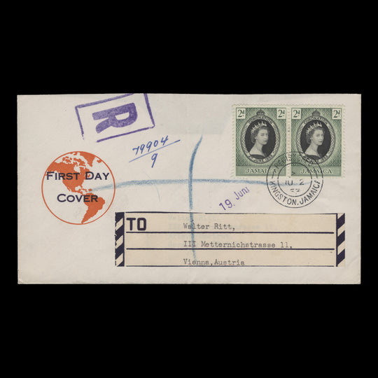Jamaica 1953 (FDC) 2d Coronation pair, KINGSTON