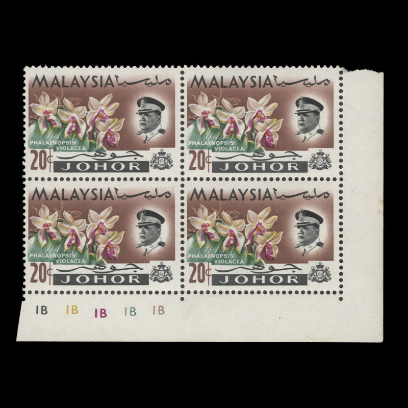 Johore 1965 (MNH) 20c Phalaenopsis Violacea plate 1B–1B–1B–1B–1B block