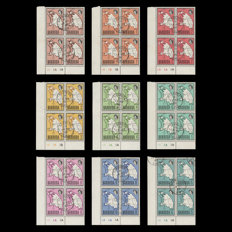 Barbuda 1968 (Used) Map Definitives plate blocks cancelled first day of issue