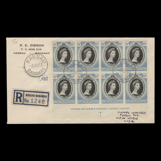Bahamas 1953 (FDC) 6d Coronation imprint block, NASSAU