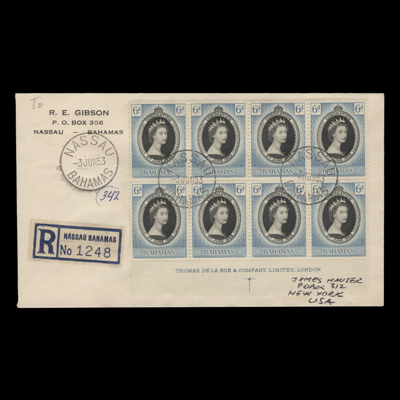 Bahamas 1953 (FDC) 6d Coronation imprint block, NASSAU