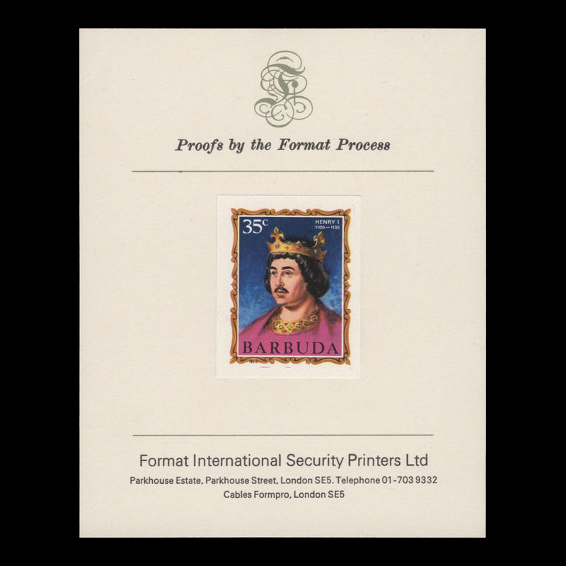 Barbuda 1970 (Proof) 35c English Monarchs, Henry I imperf single