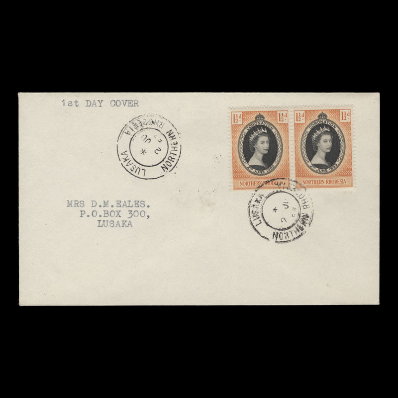 Northern Rhodesia 1953 (FDC) 1½d Coronation pair, LUSAKA