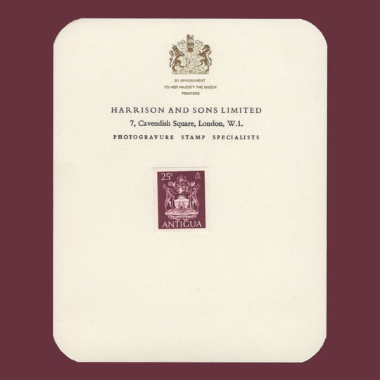 Antigua 1970 (Proof) 25c Arms imperf coil stamp on presentation card