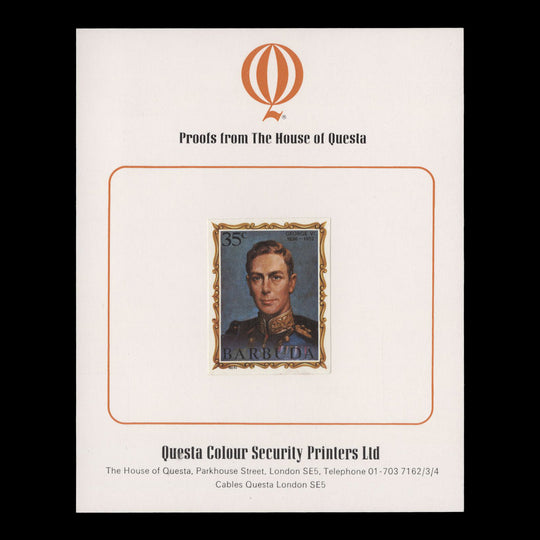 Barbuda 1970 (Proof) 35c English Monarchs, George VI unadopted imperf single