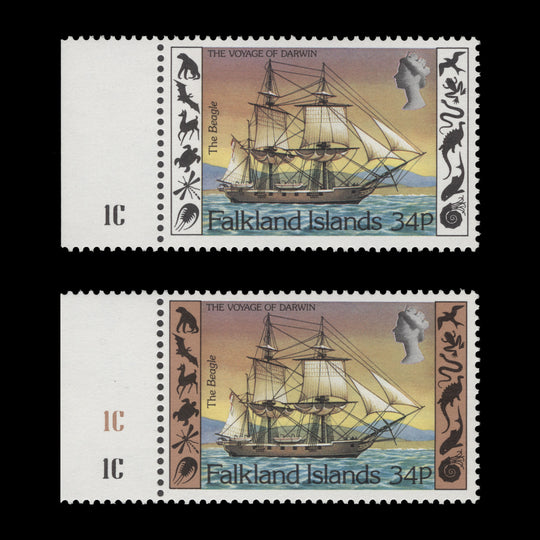 Falkland Islands 1982 (Variety) 34p Darwin's Voyage missing pale brown
