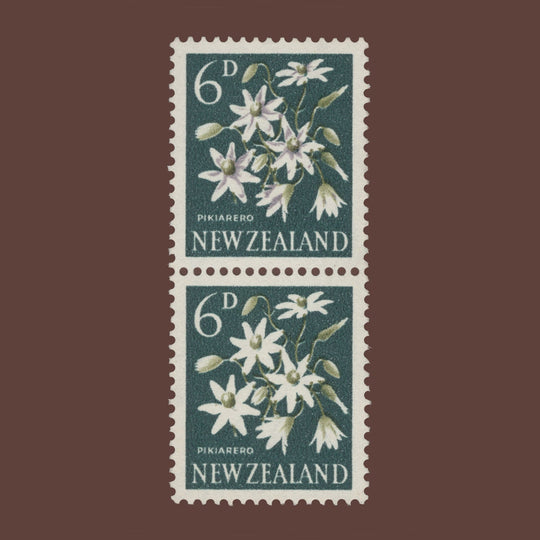 New Zealand 1960 (Variety) 6d Pikiarero pair missing lilac from one stamp