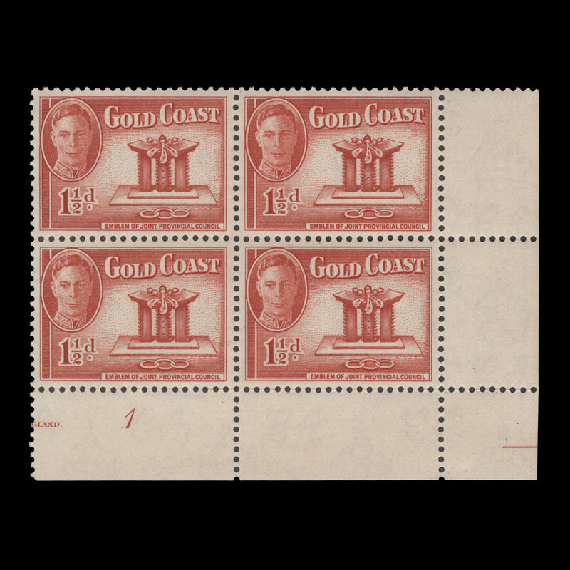 Gold Coast 1948 (MNH) 1½d Joint Provincial Council plate 1 block
