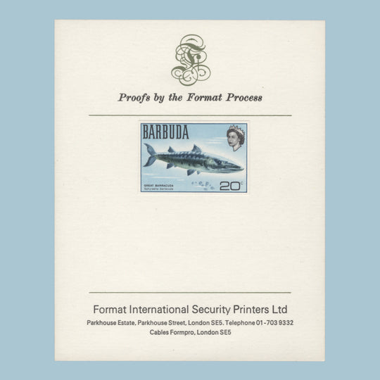 Barbuda 1970 (Proof) 20c Great Barracuda imperf single on presentation card
