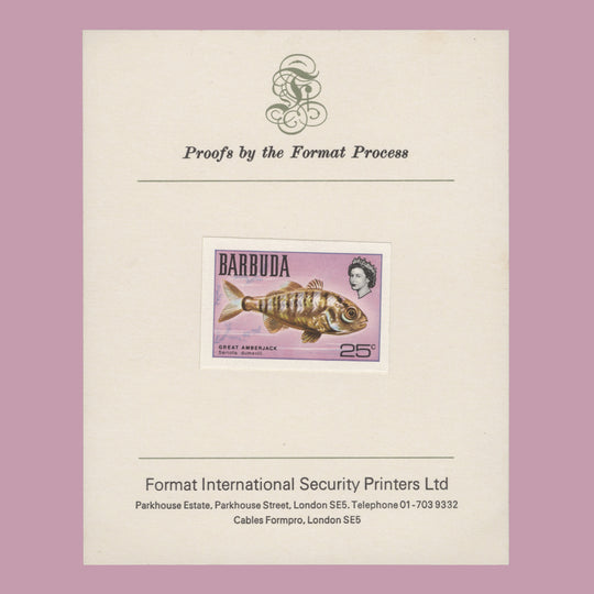 Barbuda 1969 (Proof) 25c Great Amberjack imperf single on presentation card