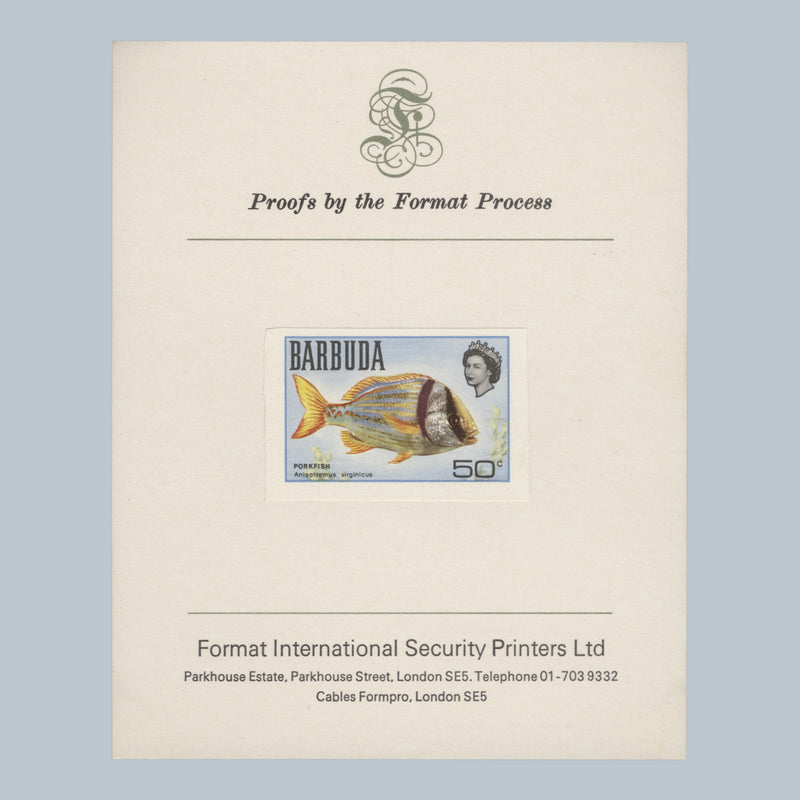 Barbuda 1969 (Proof) 50c Porkfish imperf single on presentation card