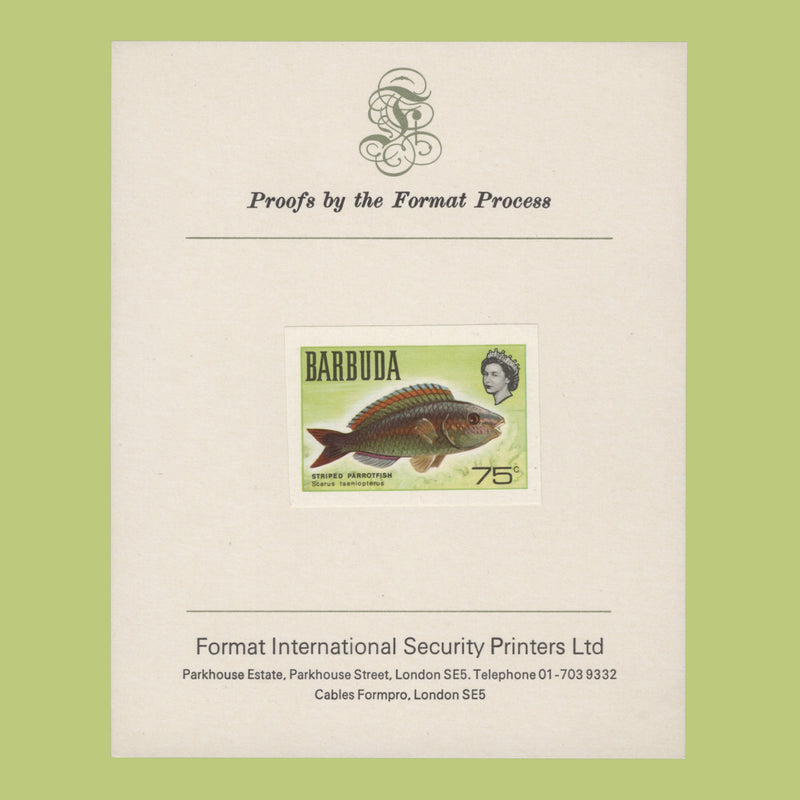 Barbuda 1969 (Proof) 75c Stripped Parrotfish imperf single on presentation card