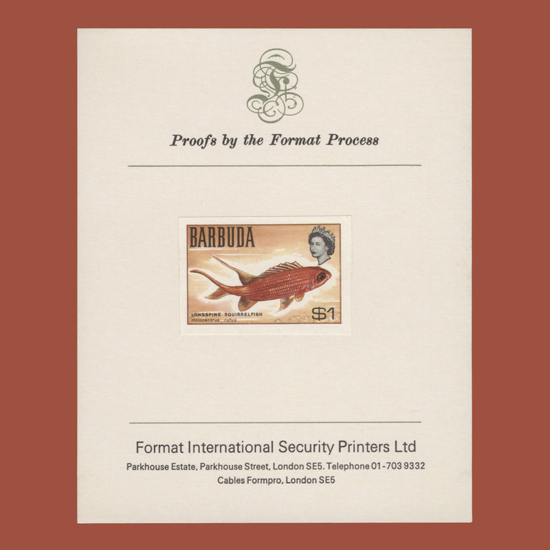 Barbuda 1969 (Proof) $1 Longspine Squirrelfish imperf single on presentation card