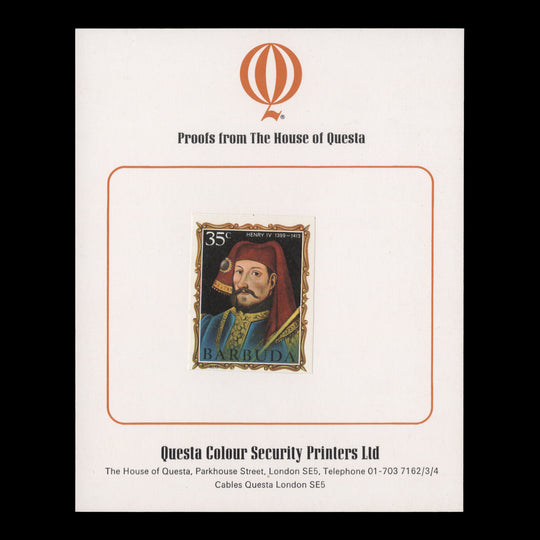 Barbuda 1970 (Proof) 35c English Monarchs, Henry IV imperf single