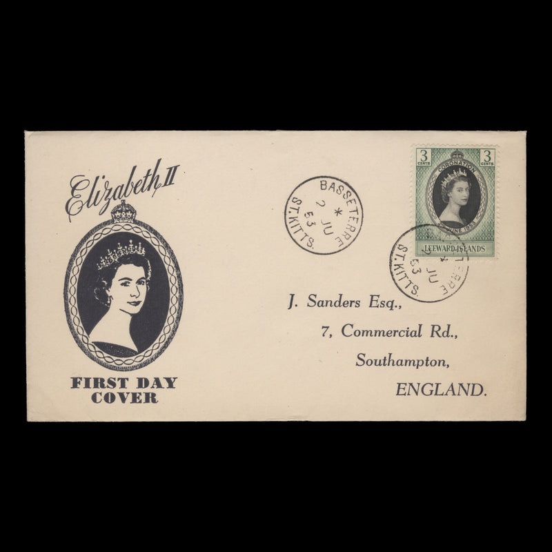 Leeward Islands 1953 (FDC) 3c Coronation, BASSETERRE