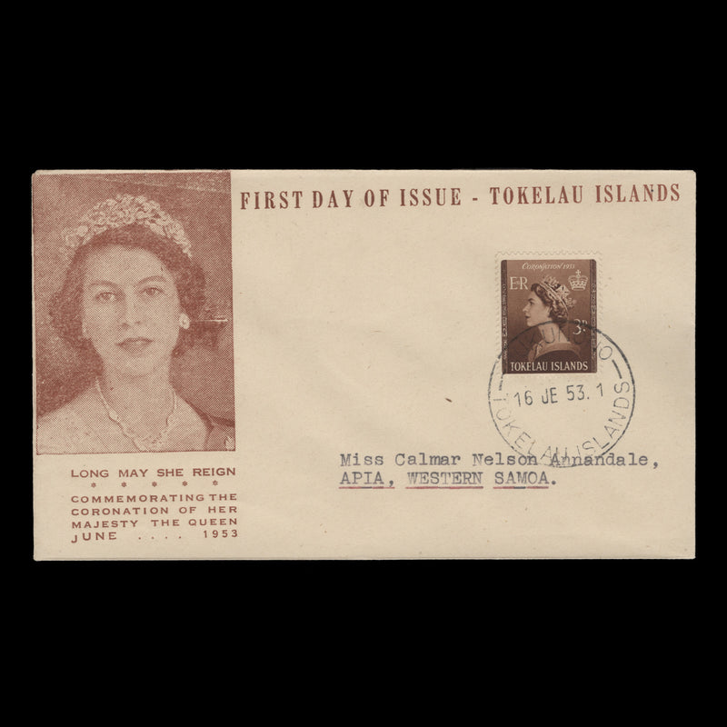 Tokelau 1953 (FDC) 3d Coronation, NUKUNONO