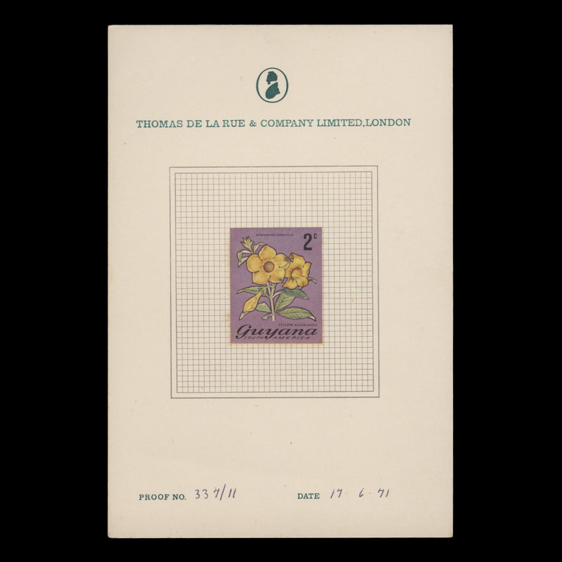 Guyana 1971 (Proof) 2c Yellow Allamanda imperf single on presentation card