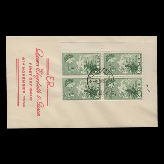 Bermuda 1953 (FDC) 1½d Easter Lily plate 1a block