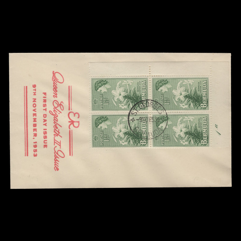 Bermuda 1953 (FDC) 1½d Easter Lily plate 1a block