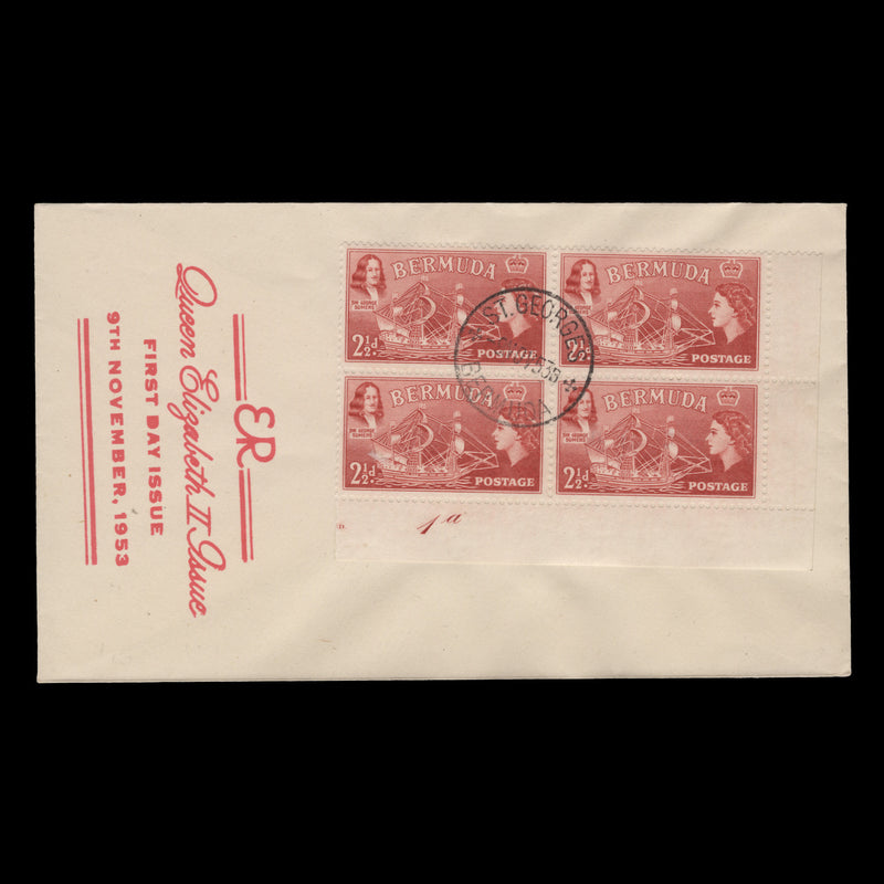 Bermuda 1953 (FDC) 2½d Sir George Somers plate 1a block