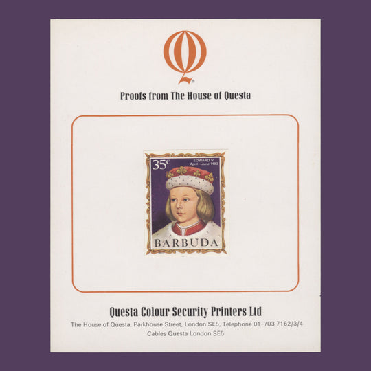 Barbuda 1970 (Proof) 35c English Monarchs, Edward V imperf single