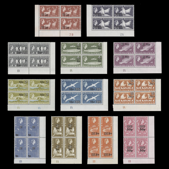 South Georgia 1977-78 (MNH) Provisionals plate blocks, spiral watermark