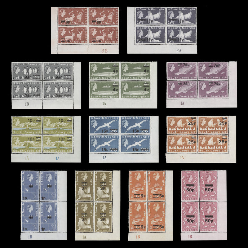 South Georgia 1977 (MNH) Provisionals plate blocks, spiral multiple crown watermark