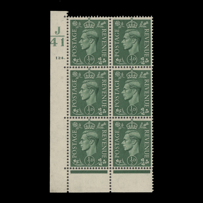 Great Britain 1941 (MNH) ½d Pale Green control J41, cylinder 124. block, perf E/P